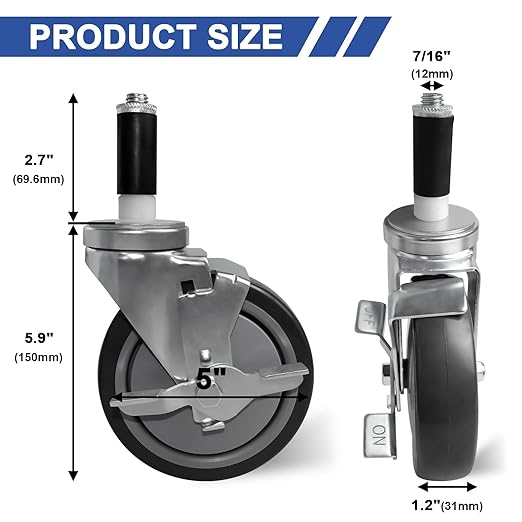MySit 5 Inches Prep Table Wheels Set of 4, Expanding Stem Casters with Side Brake Fit 7/8", 1", 1-1/8", 1-1/4", 1-3/8"ID Tube Pipe Legs for Stainless Steel Kitchen Cart, Wire Shelving Racks