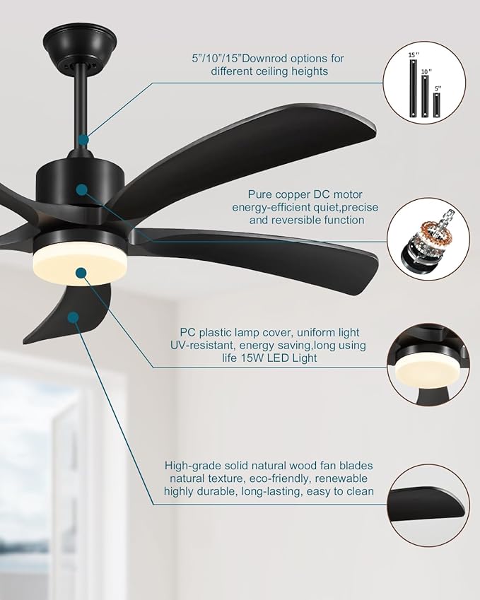 52 Inch Ceiling Fans with Lights Remote, Black Ceiling Fan Light Outdoor, ETL Listed, USA Original Patent, 3 Downrods, Timer, 5 Wood Blades, 6 Speeds Reversible Quiet DC Motor Fan Indoor, 52in Black
