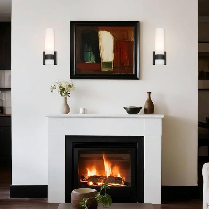 XiNBEi Lighting Black Wall Sconce, Modern Bathroom Sconce Light with White Glass Single Wall Light Fixtures for Hallway Bedroom & Living Room Corridor XB-W1185-MB