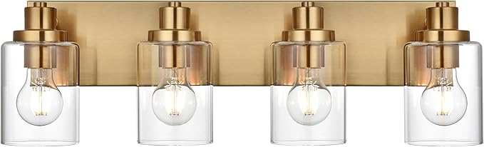 4 Light Bathroom Vanity Lights Brushed Brass Bathroom Lighting Fixtures over Mirror with Clear Glass Shade, Vintage Gold Vanity Light For Bathoom, Modern Bathroom Wall Vanity Lighting Fixtures
