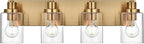 4 Light Bathroom Vanity Lights Brushed Brass Bathroom Lighting Fixtures over Mirror with Clear Glass Shade, Vintage Gold Vanity Light For Bathoom, Modern Bathroom Wall Vanity Lighting Fixtures