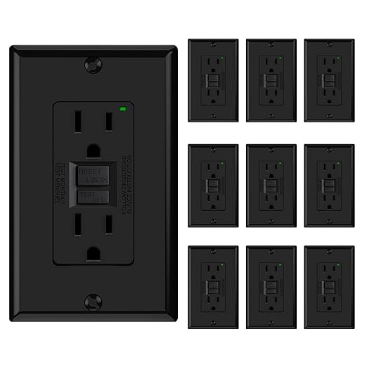 ELEGRP GFCI Outlet 15 Amp, Self-Test GFI Electrical Outlet with Narrow Design, GFCI Receptacle with LED Indicator, UL Listed, Black, Wall Plate Included, 10 Pack