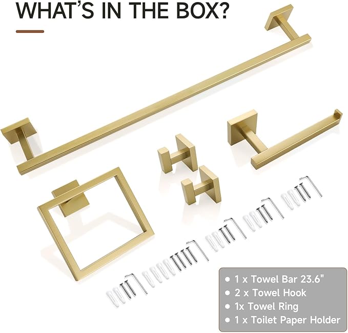 TQKAG 5-Piece Bathroom Accessories Set Brushed Gold Bathroom Hardware Set SUS304 Stainless Steel Classic Wall Mounted Towel Bar Sets 23.6" Towel Rack for Bathroom, Brushed Gold