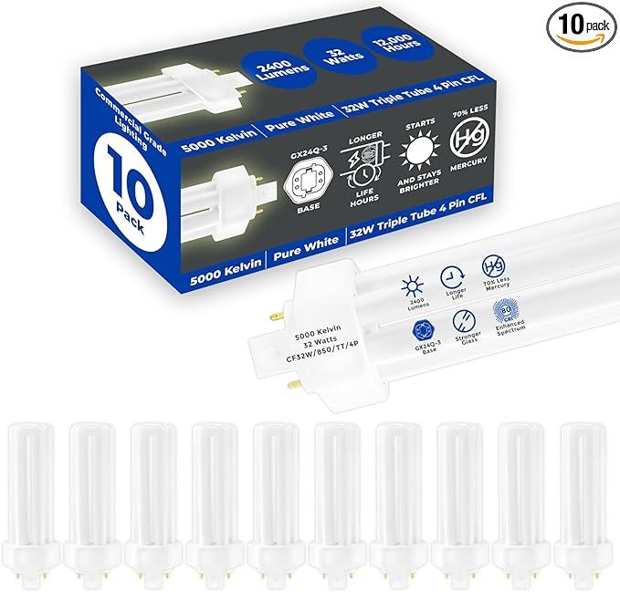 GoodBulb 32 Watt CFL Light Bulbs 4 Pin GX24Q-3 Base 5000K Daylight 32W High Output 2400 Lumens Triple Tube Compact Fluorescent Light Bulbs Plug-in 10 Pack
