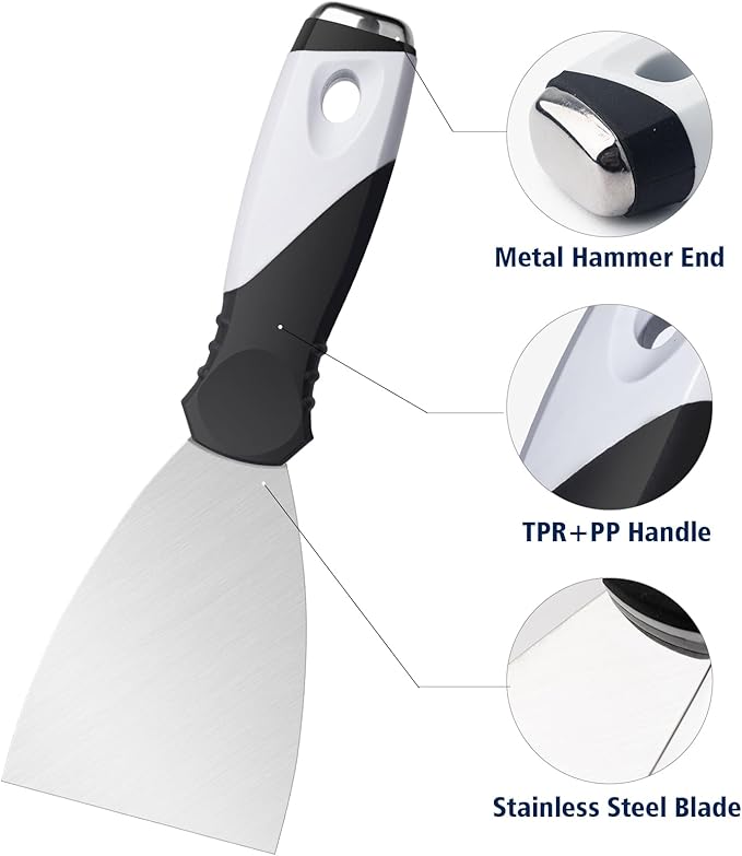 Mister Rui Putty Knife Set, 3" 5" 6" Paint Scrapers, Paint Tools, Small Metal Putty Knife Scraper Tool for Wood, Stainless Steel Paint Scraper with Hammer End