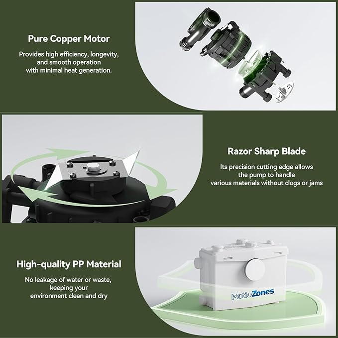 800W Macerator Pump, Up to 36 ft, High Efficiency Sewerage Pump with 2 Outlets/4 Inlets for Macerating Toilet,Sink, Shower, Basement, High Power Copper Motor