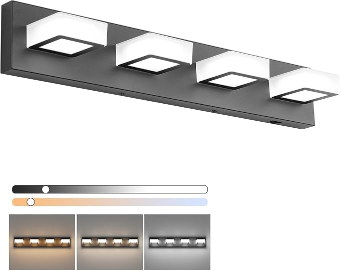 Ralbay 5 Color Temperature 4 Lights Black Vanity Lights Dimmable Acrylic Modern LED Black Bathroom Vanity Lighting Fixtures