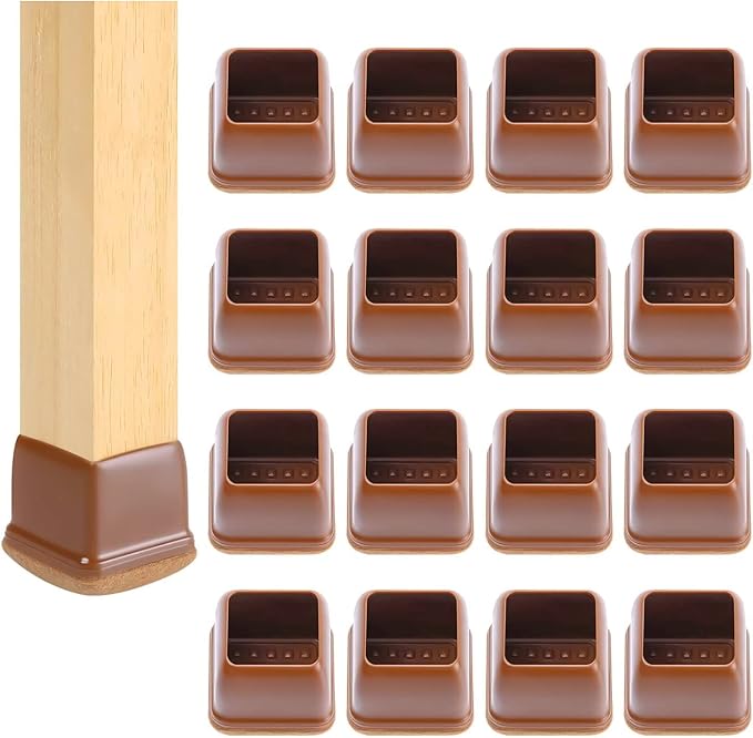 Ezprotekt 24 Pcs Square Chair Leg Floor Protectors with Felt, Silicone Felt Furniture Pads Cups for Hardwood Floor, Dining Table Leg Caps Covers No Scratches (L Fit: 1" to 1.4", Brown)