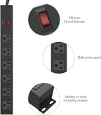 Metal Wall Mount Power Strip, Mountable Power Outlet with 6 AC Outlets, Aluminum Alloy Mount Power Socket with Switch, 10 FT SJT 3/C 14AWG Power Cord, 15A 125V 1875W (6AC) Black