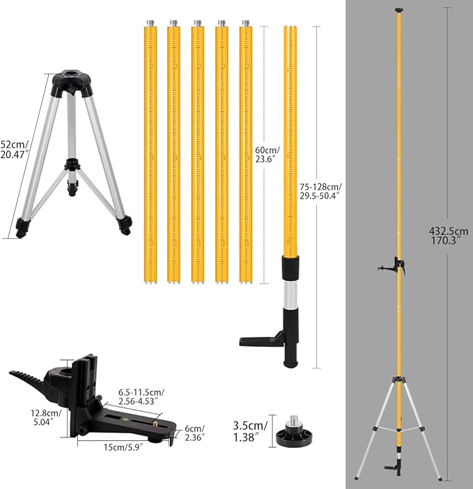 Laser Level Pole with Tripod, Telescoping Laser Level Tripod, 13.8 Ft./4.2M with 1/4-Inch by 20-Inch Laser Mount for Rotary and Line Laser Level, 5/8"-11 Adapter Nut Included