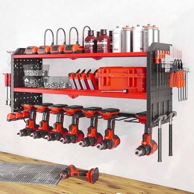 Warome Garage Power Tool Organizer with 8-Outlet Power Strip, Tool Storage Rack Wall Mount with 8 Cordless Drill Holders, Tool Organization Shelf with Charging Station in Red