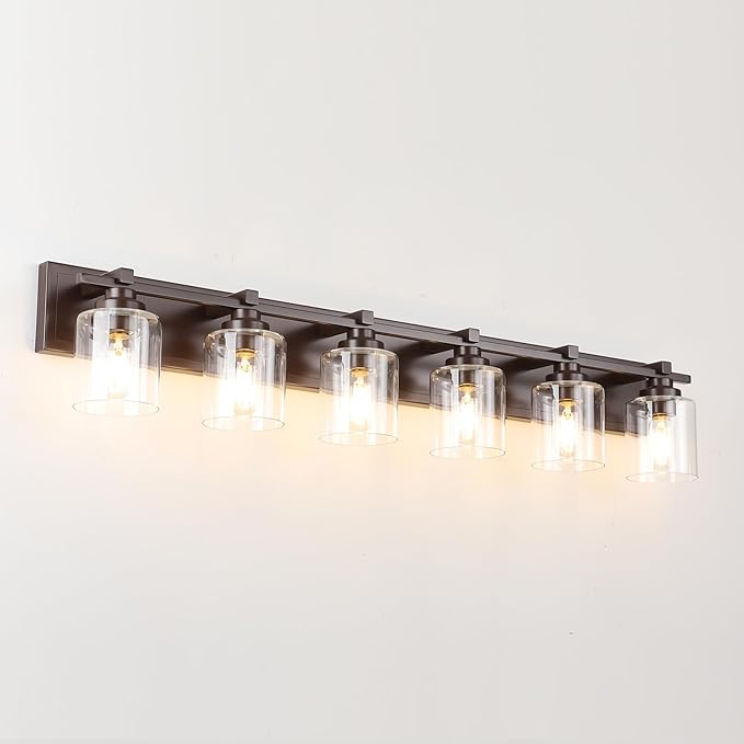6 Light Modern Bathroom Light Fixtures Over Mirror, Bronze Finish Vanity Lights for Bathroom Wall Sconces with Clear Glass Shades, E26 Socket (Bulbs Not Included)