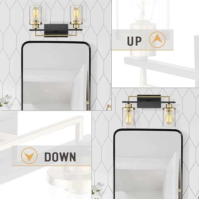 Emliviar 2-Light Gold Bathroom Light Fixtures - Vanity Light in Black and Gold Finish with Clear Glass, YCE238B-2W BK+BG