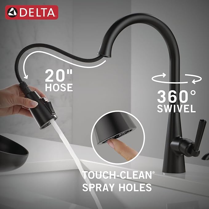 Delta Boyd Matte Black Kitchen Faucet with Pull Down Sprayer and Soap Dispenser, Modern Single Hole Kitchen Sink Faucet, Single Handle, Matte Black 19893Z-BLSD-DST
