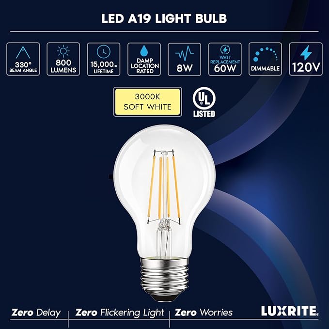 LUXRITE Vintage A19 LED Light Bulbs 60W Equivalent, 3000K Soft White Dimmable, 800 Lumens, Standard LED Edison Bulb 8W, UL Listed, E26 Base (6 Pack)