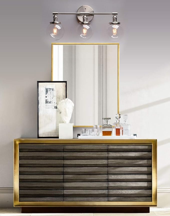 Phansthy 3-Light Wall Sconces Antique Brass Vanity Light, Industrial Wall Lamps with On Off Switch and Clear Glass Lampshade, Vintage Wall Lighting for Bathroom Living Room (Brushed, Globe Shade)