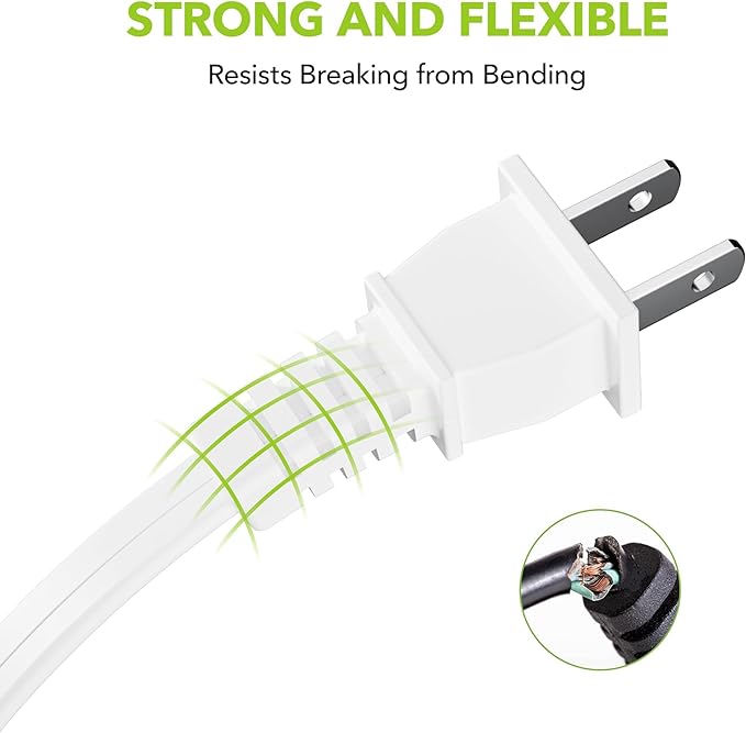 HBN Indoor Extension Cord, 6ft 3 Pack, White, 3 Outlets with Safety Cap Included, 2 Prong Polarized Plug, Perfect for Homes, Offices, and Kitchens