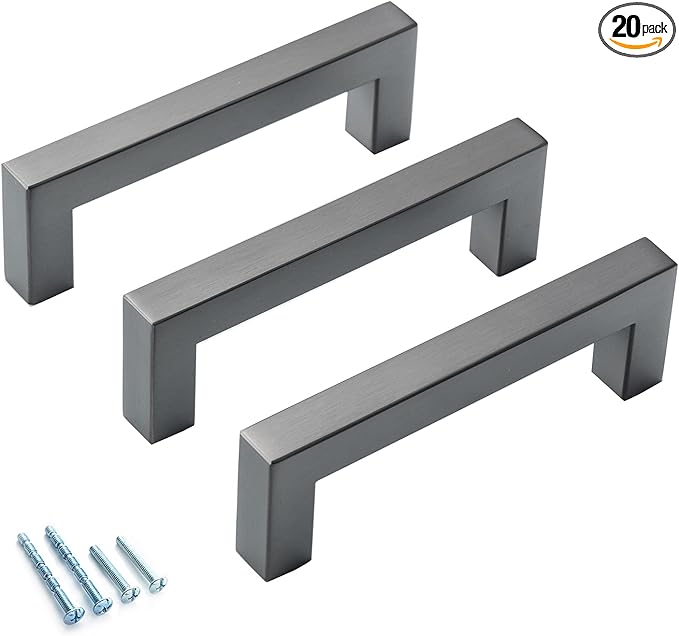20 Pack Kitchen Cabinet Handles 3-3/4 Inch Hole Center Ancient Grey Square Cabinet Pulls Grey Drawer Handles Cupboard Handles Stainless Steel Cabinet Hardware