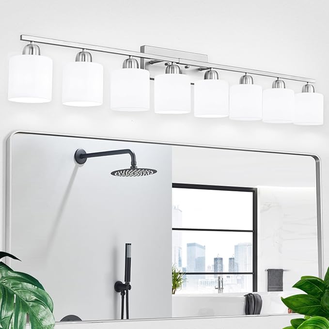 Brushed Nickel Light Fixture Bathroom for Huge Mirror, 8 Light Mirror Lights with Milky White Frosted Glass Shades, 51 inch Bathroom Mirror Lights for Mirrorss, E26 Socket