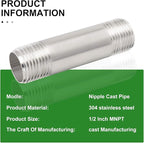 TAISHER 2PCS Stainless Steel Pipe Fittings, 1/2" NPT x 1/2" NPT Male Threaded, 2" Length Nipple Cast Pipe