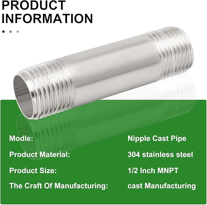 TAISHER 2PCS Stainless Steel Pipe Fittings, 1/2" NPT x 1/2" NPT Male Threaded, 2" Length Nipple Cast Pipe