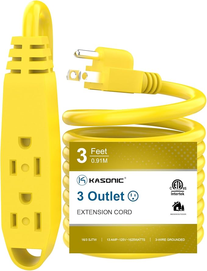 K KASONIC - 3-Feet 3 Outlet Extension Cord, UL Listed, 16/3 SJTW 3-Wire Grounded, 13 Amp 125 V 1625 Watts, Multi-Outlet Indoor/Outdoor Use, Yellow