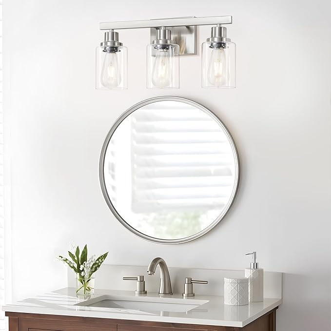 3-Light Bathroom Light Fixtures, Nickel Bathroom Vanity Light with Clear Glass Shade, Modern Bathroom Wall Lights Over Mirror, Farmhouse Wall Sconces Lighting for Bedroom Living Room