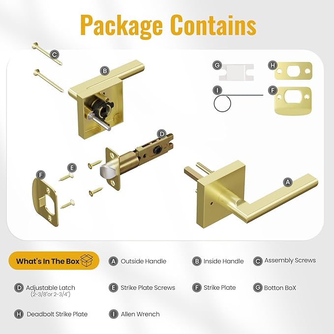 HOSOM Gold Door Handles Interior Privacy Door Levers with Lock for Bathroom and Bedroom Heavy Duty Modern Square Keyless Brushed Brass Door Knobs Interior, 1 Pack