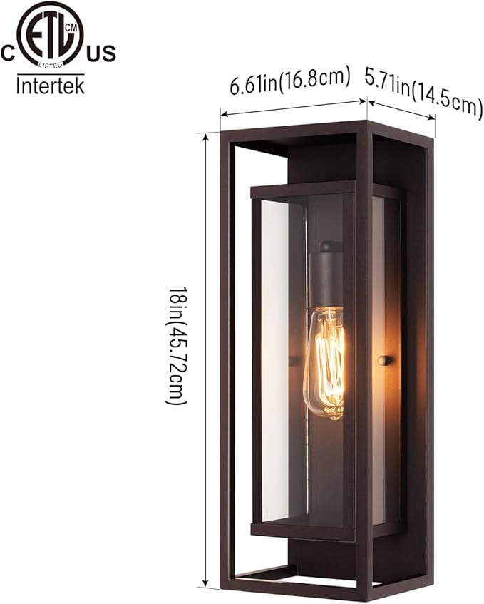 mirrea 18" Classic Outdoor Wall Sconce 1 Light in Rectangular Metal Frame and Clear Glass Shade Waterproof Porch Light Patio Light Pack of 2 (Oil Rubbed Bronze)