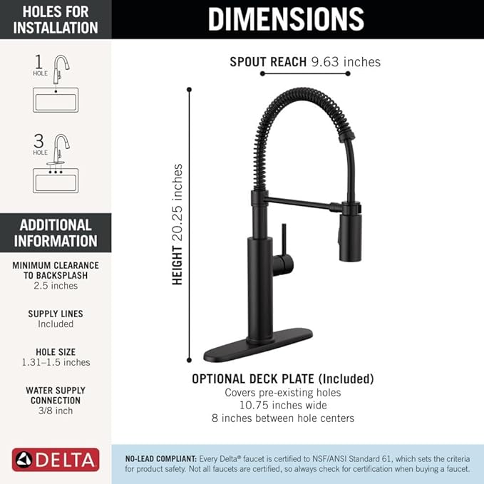 Delta Antoni Pro Style Commercial Kitchen Faucet with Pull Down Sprayer, Single Hole Matte Black Kitchen Sink Faucet, Single Handle, Matte Black 18803-BL-DST