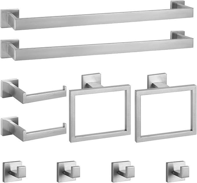 Cilee 10-Pieces Bathroom Hardware Set - Brushed Nickel Bathroom Accessories, 24 Inch Towel Bar, Square Towel Ring, Toilet Paper Holder, Towel Hook, Wall-Mounted Stainless Steel Towel Bar Rack Set