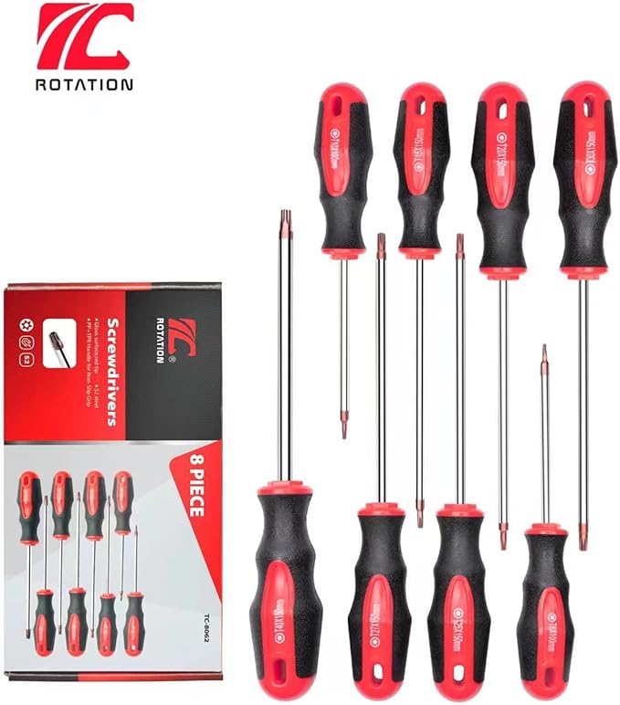 ROTATION 8PCS Magnetic Tip Torx Screwdriver Set, 8 Torx Star Screwdrivers, T8, T10, T15, T20, T25, T27, T30, T40 Red Tip | Red, Gloss, S2 Steel