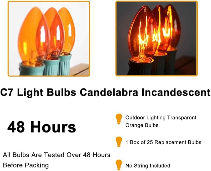 Abeja 25 Pack C7 Orange Christmas Replacement Bulbs, 5w, Ceramic Transparent Vintage Light Bulbs, Fits E12 Candelabra Base Outdoor String Lights, for Holiday Christmas Tree Decor Carnival Party