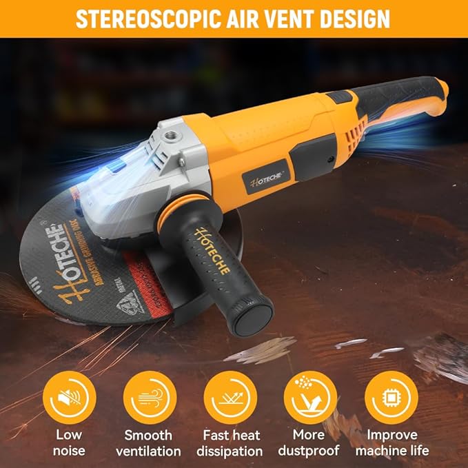 Hoteche 9-Inch Angle Grinder 3.3-HP Heavy-Duty Electric Grinder Fits 7/8" Hole Size Wheels for Metal Cutting, Concrete Grinding, and Polishing