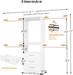 Closet System, 4FT-8FT Closet Organizer System with 3 Wooden Drawers Walk-in Closet Storage System with 5 Expandable Hanging Rods Garment Rack Wall Mount White