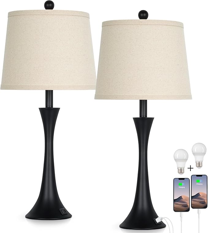 27.5" Table Lamps Set of 2, Touch Bedside Lamps with USB C+A Ports, 3 Way Dimmable Nightstand Lamps for Bedroom, Living Room, Office, Black Lamp with Beige Lampshade, Bulbs Included