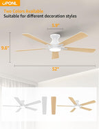 52 Inch White Ceiling Fan with Light with Remote Control, Large Air Volume, modern ceiling fan with light for Bedroom Kitchen Dining room Patio- Flush Mount