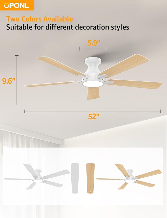 52 Inch White Ceiling Fan with Light with Remote Control, Large Air Volume, modern ceiling fan with light for Bedroom Kitchen Dining room Patio- Flush Mount