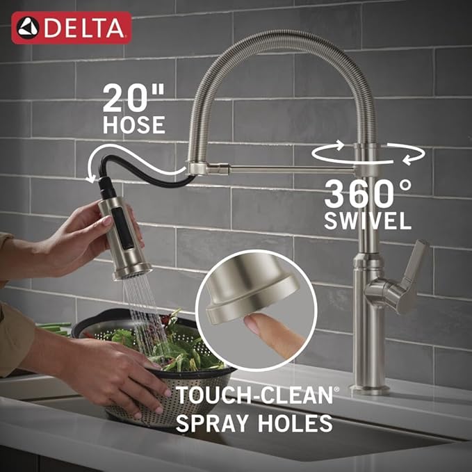Delta Rhett Pro Style Commercial Kitchen Faucet with Pull Down Sprayer, Brushed Nickel Single Hole Kitchen Sink Faucet, Single Handle, Stainless 18829-SS-DST
