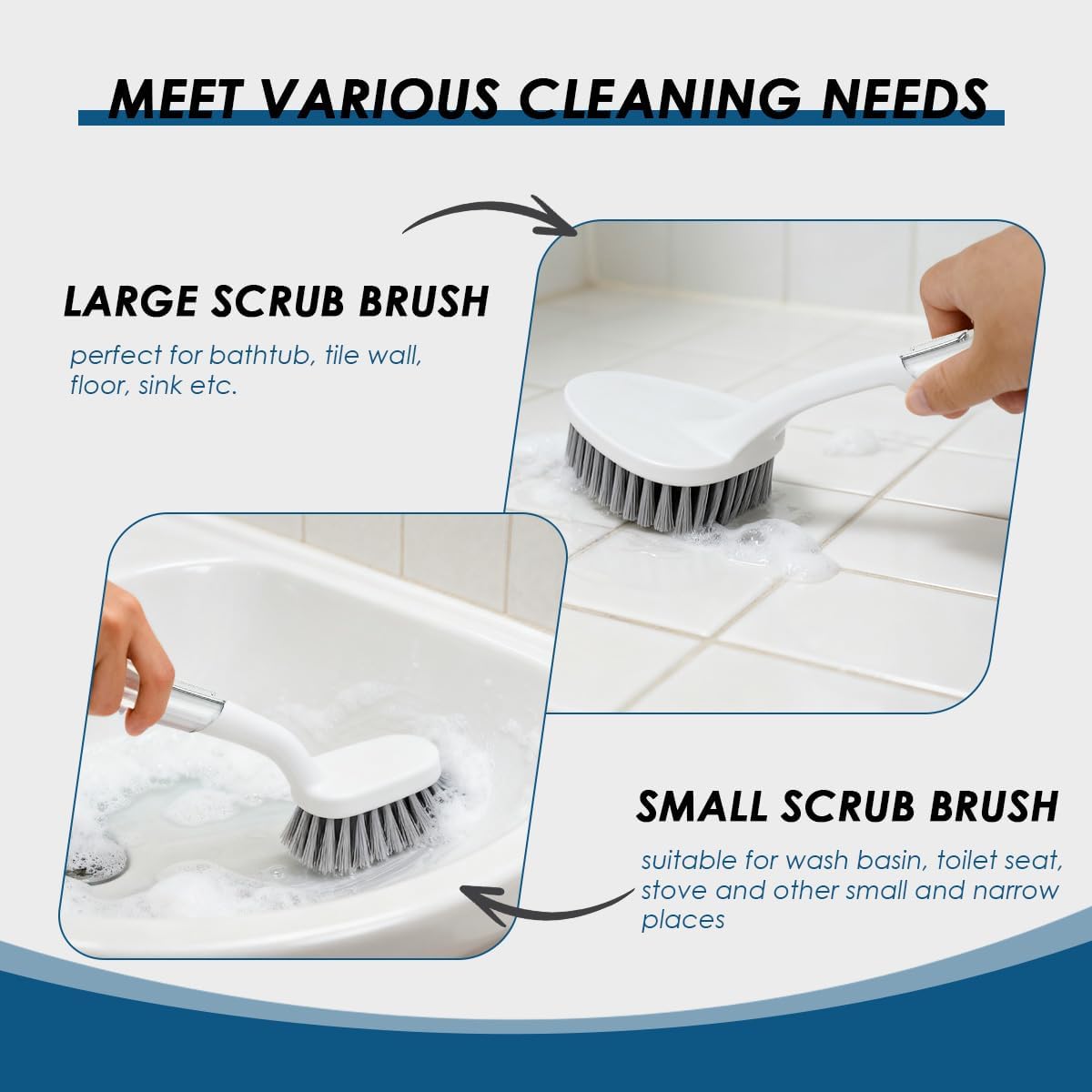 3 Pack Heavy Duty Bathroom Scrub Brush with Long Handle, Stiff Bristles Grout Brush, Scrub Brushes for Cleaning Bathroom, Shower, Tile, Tub, Carpet, Kitchen, Sink (Crystal Gray)