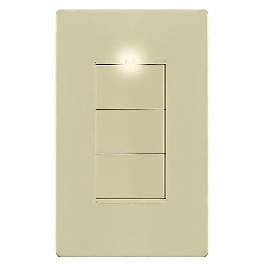 LIDER Minimalist Design Matte Finish Lighted Triple Switch with Screwless Wall Plate, Combination Frameless Decorator Switch with Locator Light, Ground Terminal Single Pole, 15A 120V, UL Listed, Ivory