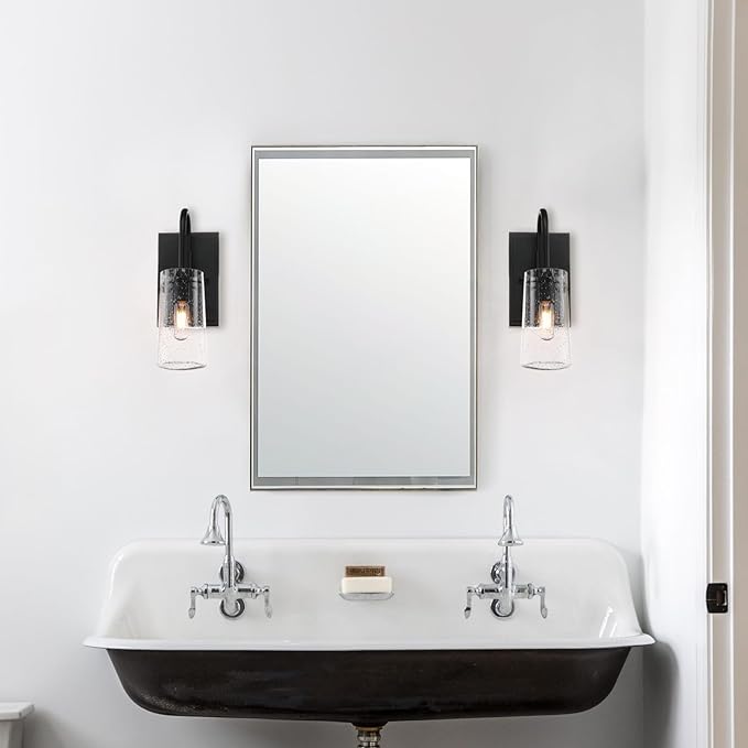 XiNBEi Lighting Wall Sconce, Industrial 1 Light Vanity Sconce Light Seeded Glass Bathroom Wall Light Matte Black Finish XB-W1283-1-MB