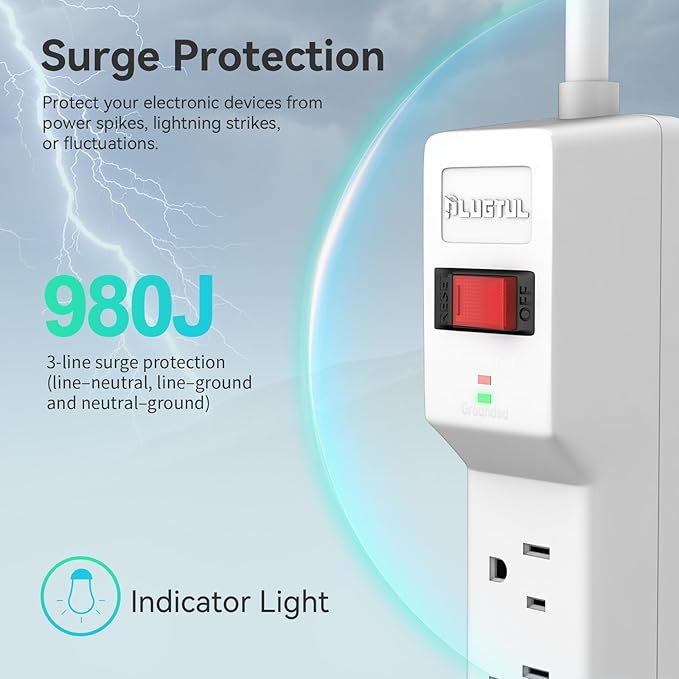 PLUGTUL Surge Protector 12FT (980 Joules), Flat Plug Power Strip, Extension Cord with Multiple Outlets, 7 Outlets, ETL Listed, 14 Gauge, Wall Mountable for Home Office Garage, White