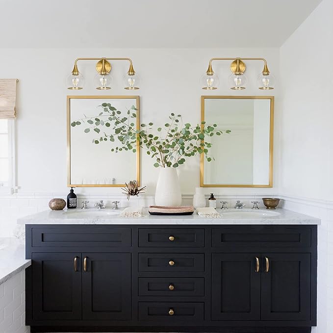 Gold Bathroom Vanity Light 3-Lights Bathroom Light Fixtures Over Mirror with Clear Glass Shade 22.4 inch Wall Sconce Lighting Bath(Exclude E26 Bulb)