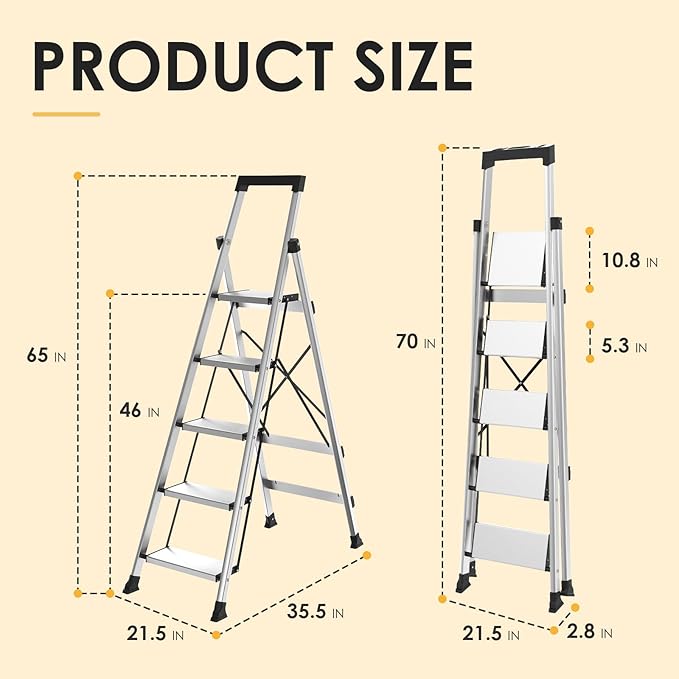HBtower 5 Aluminum Step Ladder, Strudy Ladders for Home with Tool Tray, Anti-Slip Folding Step Stool for Adults, Light Weight Portable 330lbs Safety for Kitchen Warehouse Outdoor Work