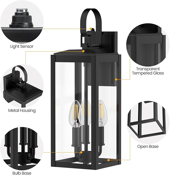 19 Inch Large Dusk to Dawn Outdoor Wall Light for House Exterior, 3-Light Outdoor Light Fixtures Wall Mount, E12 Black Modern Outside Porch Light Fixtures for House Garage Porch Patio Lights