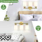3-Light Bathroom Light Fixtures, Brushed Gold Vanity Light, Farmhouse Wall Lights with Milky White Frosted Glass Shades, Bathroom Wall Lamp for Mirror Kitchen Bedroom Hallway Living Room