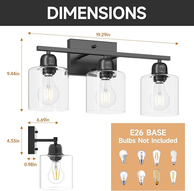 Modern 3 Light Bathroom Light Fixtures, 19 inch Black Vanity Lights for Bathroom with Clear Glass for Mirror Kitchen Living Room Hallway Cabinet Porch