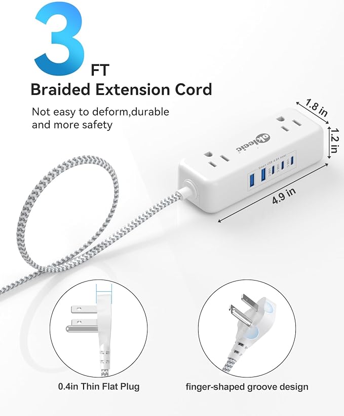 Power Strip with USB C, Flat Plug Extension Cord 3ft, 4 Outlets & 2 USB-A and 3 USB-C Ports 4.8A/24W Charging Station, 2 Sides Outlet Extender Compact for Tablet Laptop Computer Multiple Device