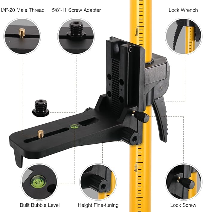 12Ft/3.7M Professional Laser Level Pole with Tripod & Mount - 1/4" & 5/8" Adapters, Adjustable Telescoping Laser Level Pole for Rotary/Line Lasers